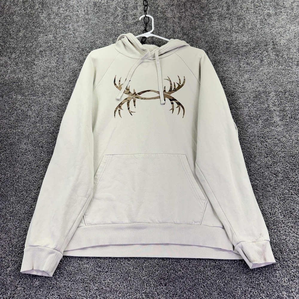Under Armour Hoodie Mens Large White Fleece Pullover Antler Logo Hunting